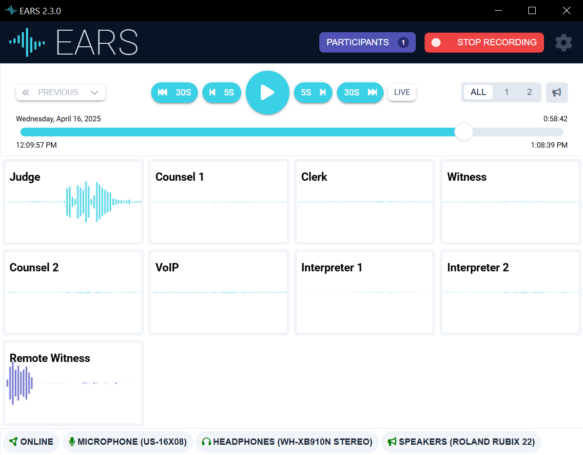 The main EARS window as seen during recording.